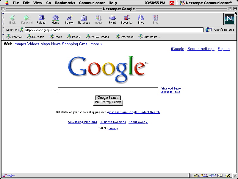 Netscape Communicator 4.8 for Mac performing Google Search in 2009 (2002)